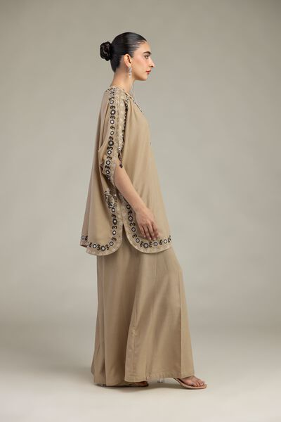Embroidered | Raw Silk | Silk Beige Pants | USD 35.00