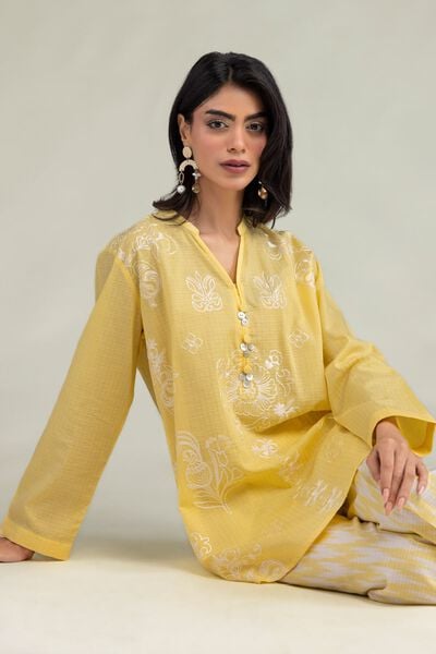 Embroidered | Cotton Dobby | Yellow Floral Kurta | USD 40.00