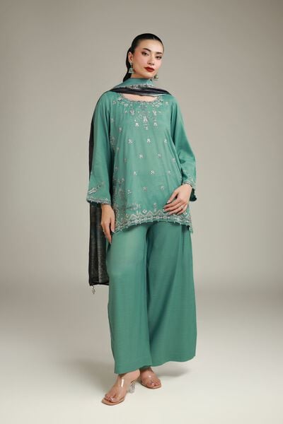 Embroidered | Raw Silk | Summer Teal Pants | USD 35.00