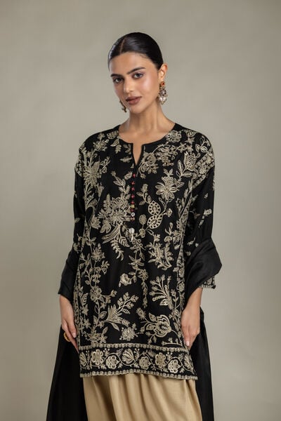 Embroidered | Raw Silk | Black Floral Kurta | USD 80.00