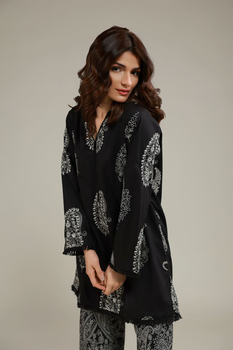 Embroidered | Cotton Crinkle | Paisley V-Neck Kurta | USD 40.00