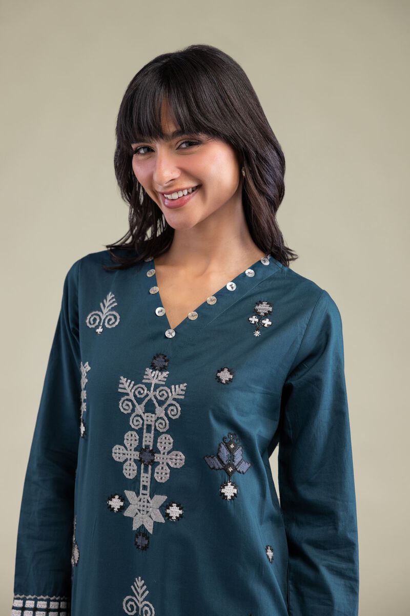 Embroidered | Cambric | Teal Longline Kurta | USD 35.00