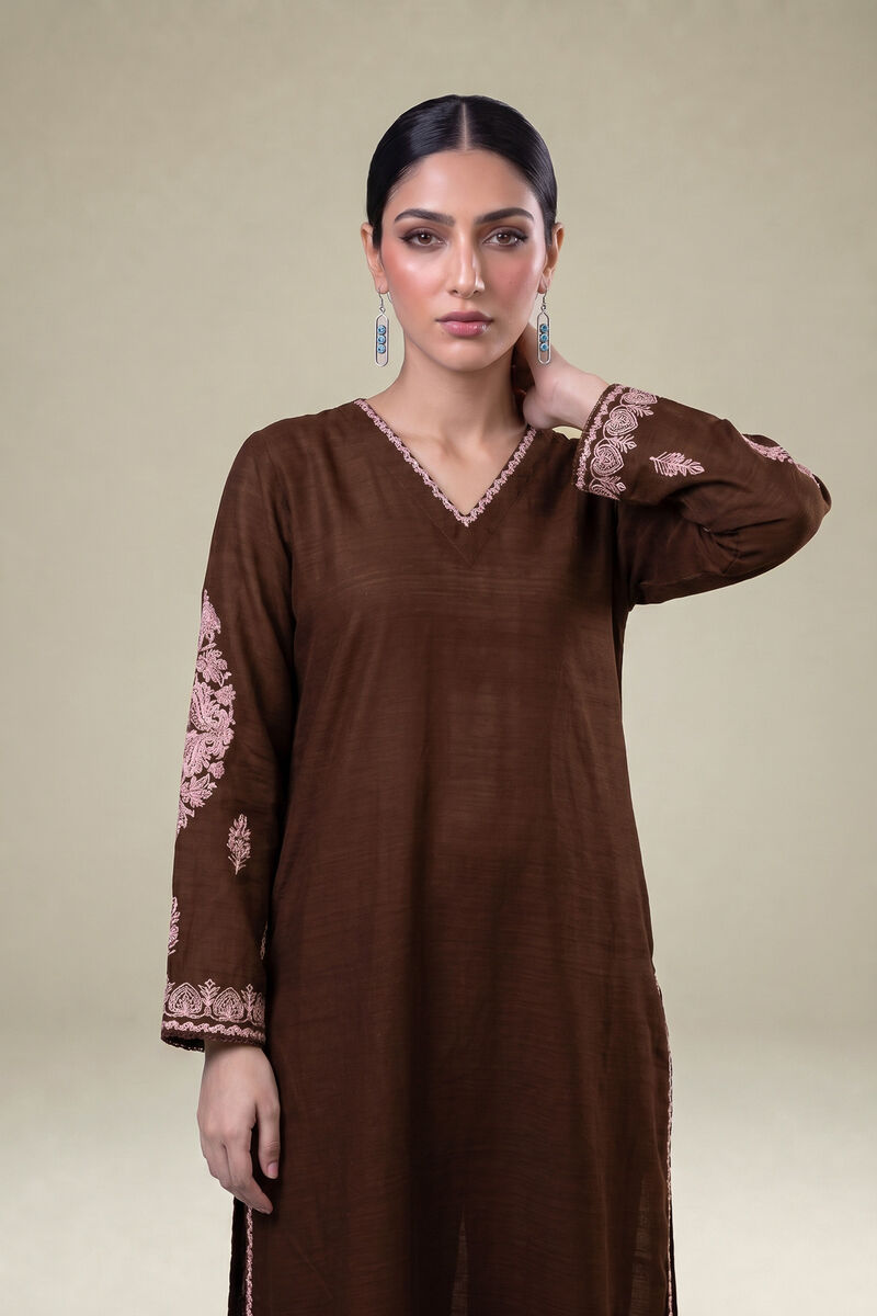 Embroidered | Light Khaddar | Brown V-neck Kurta | USD 45.00