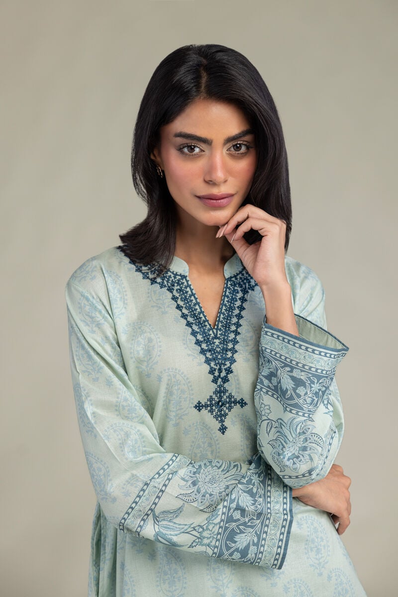 Embroidered | Cambric | Blue V-Neck Kurta | USD 35.00