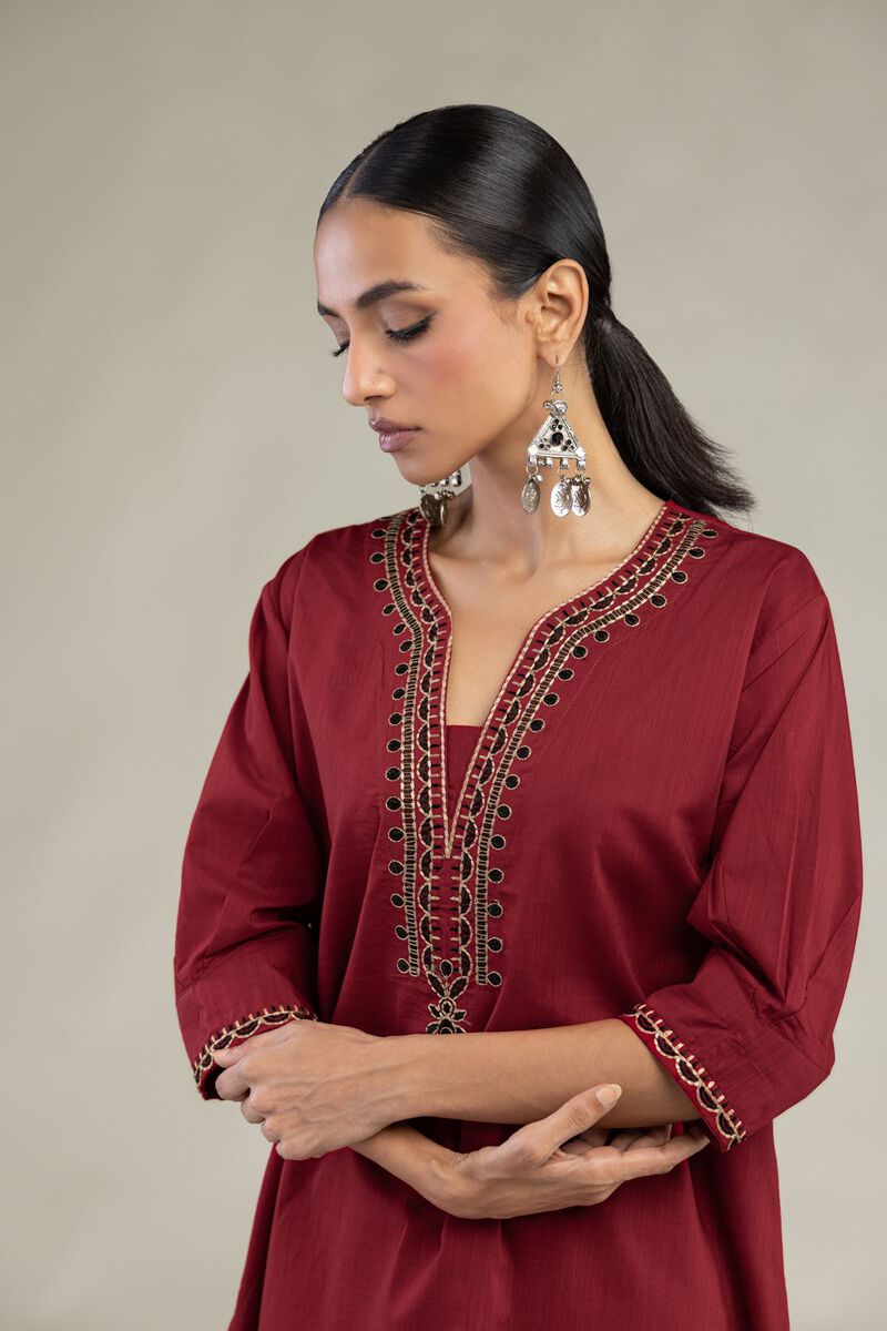 Textured Cotton | Embroidered | V-Neck Cotton Kurta | USD 35.00