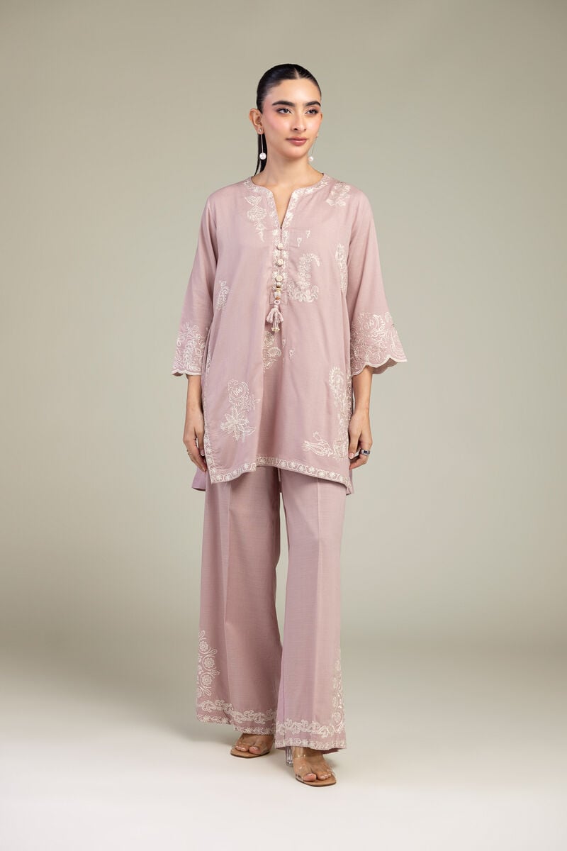 Embroidered | Raw Silk | V-Neck Pink Kurta | USD 55.00