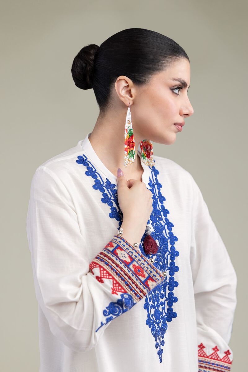 Embroidered | Raw Silk | White V-Neck Kurta | USD 13.50