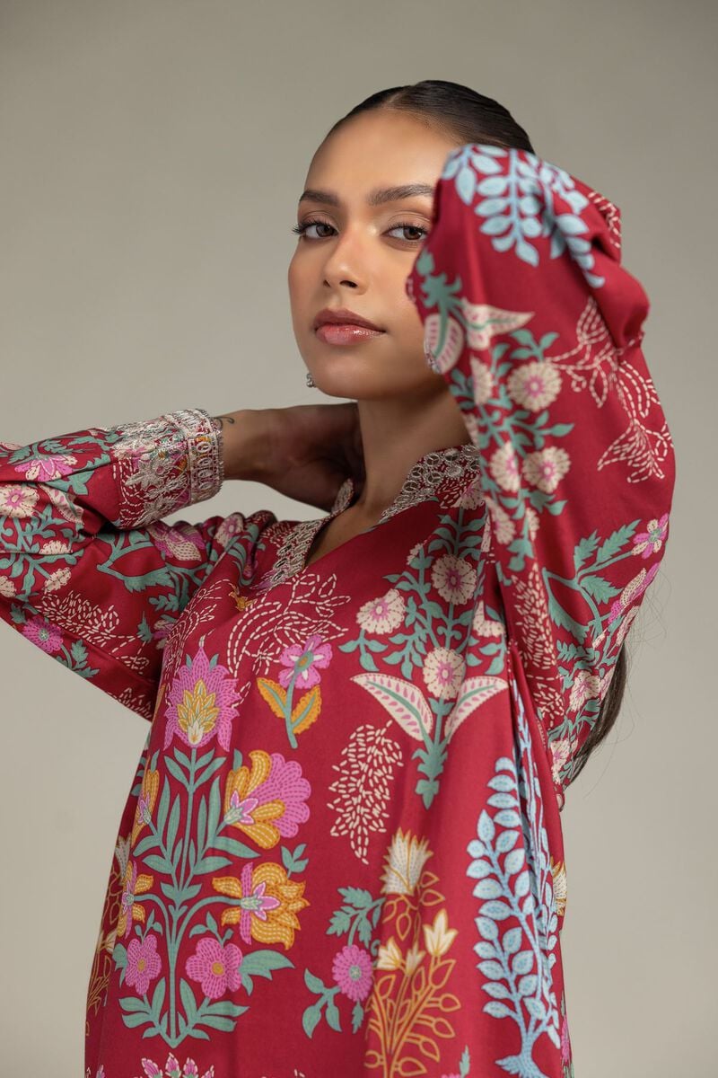 Embroidered | Cotton Viscose | Floral Red Kurta | USD 45.00