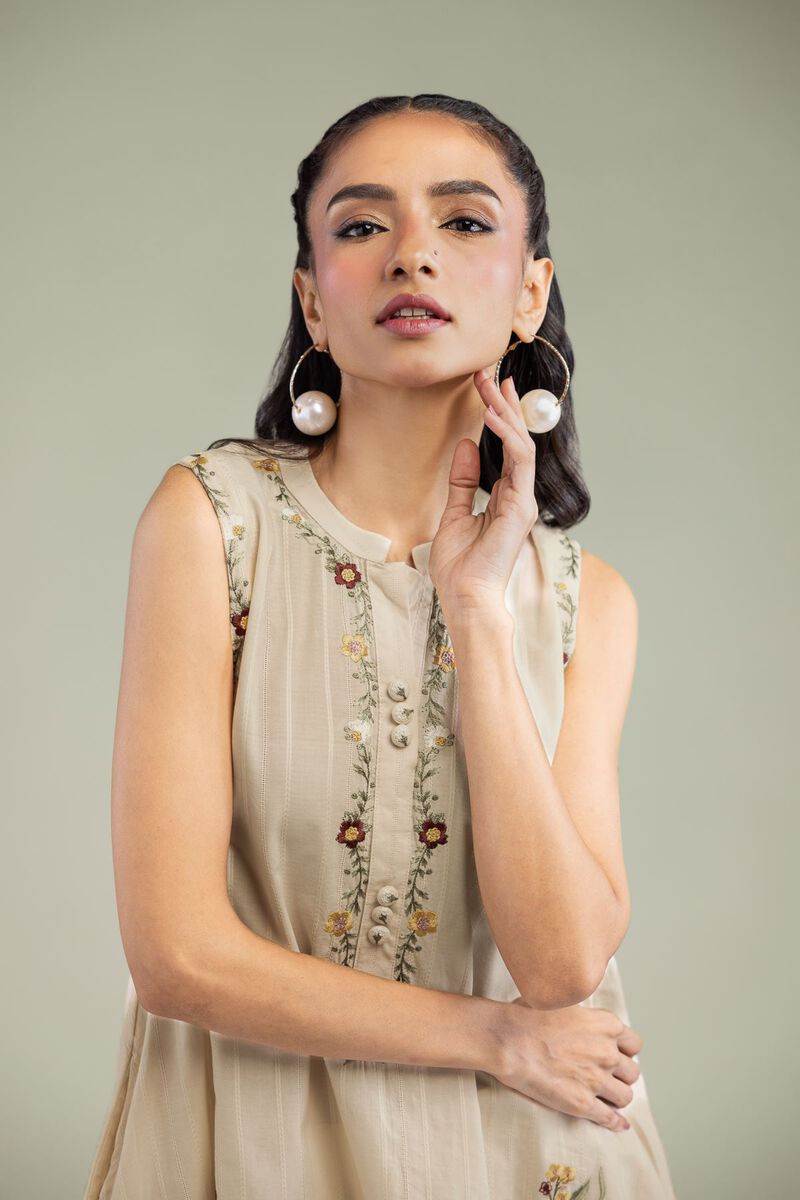 Embroidered | Textured Cotton | Beige Sleeveless Kurta | USD 45.00