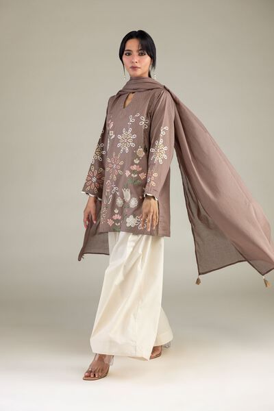 Embroidered | Cotton Dobby | Brown V-Neck Kurta | USD 45.00