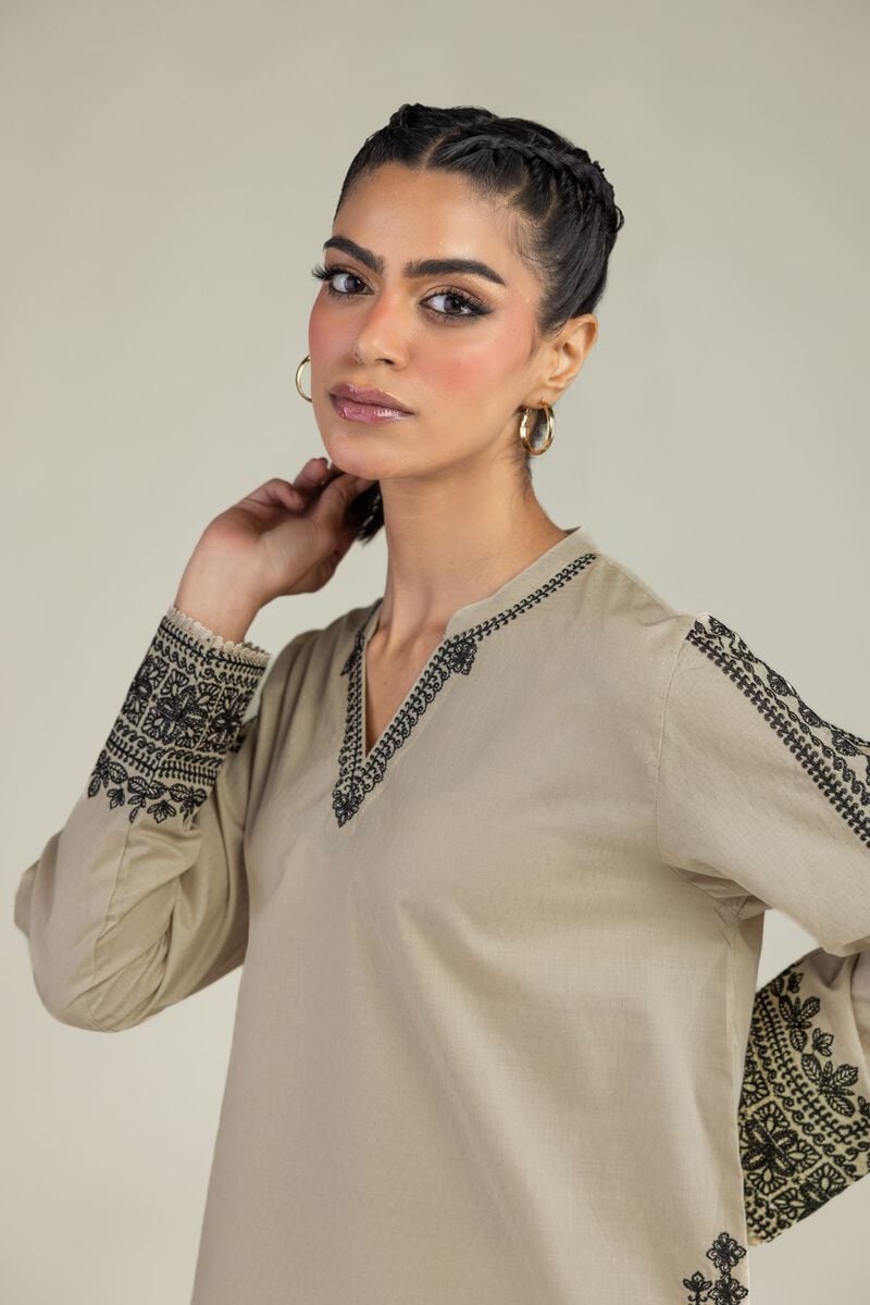 Embroidered | Cotton Dobby | Beige V-Neck Kurta | USD 45.00