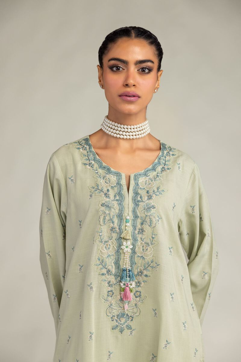 Embroidered | Raw Silk | Floral Mint Kurta | USD 60.00