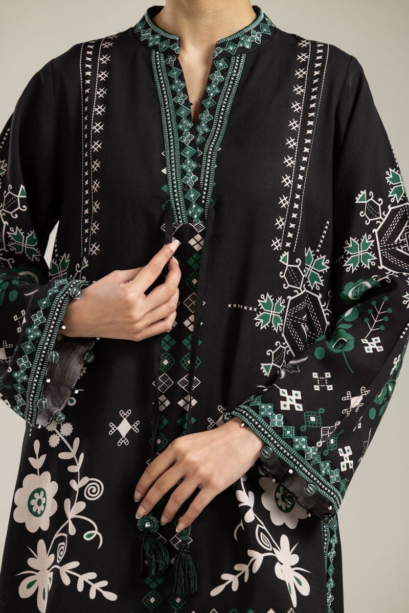 Embroidered | Raw Silk | Black V-Neck Kurta | USD 45.00