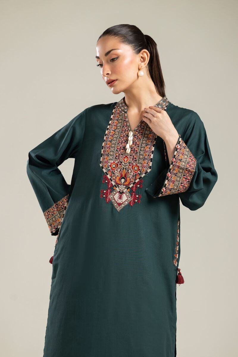 Embroidered | Raw Silk | Green Longline Kurta | USD 55.00