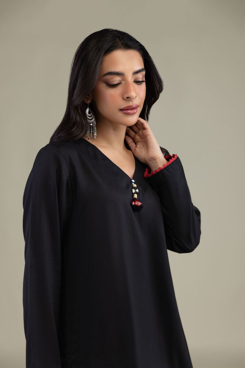 Printed | Textured Weave | Black V-Neck Kurta | USD 35.00