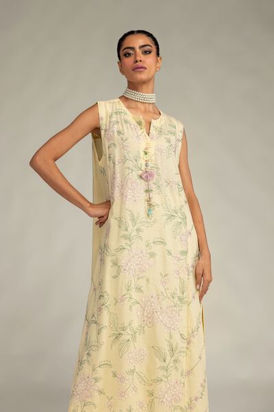 Embroidered | Raw Silk | Yellow Sleeveless Kurta | USD 55.00