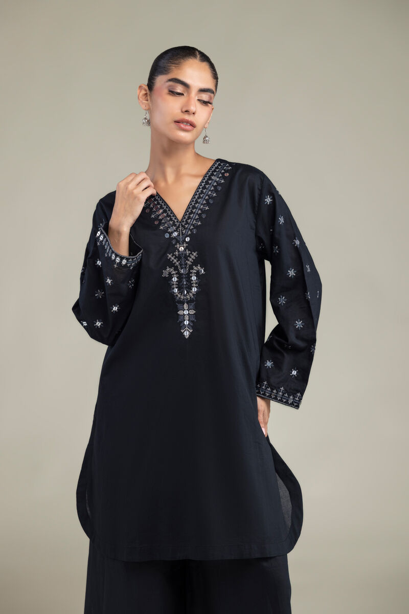 Embroidered | Cambric | Black V-neck Kurta | USD 40.00