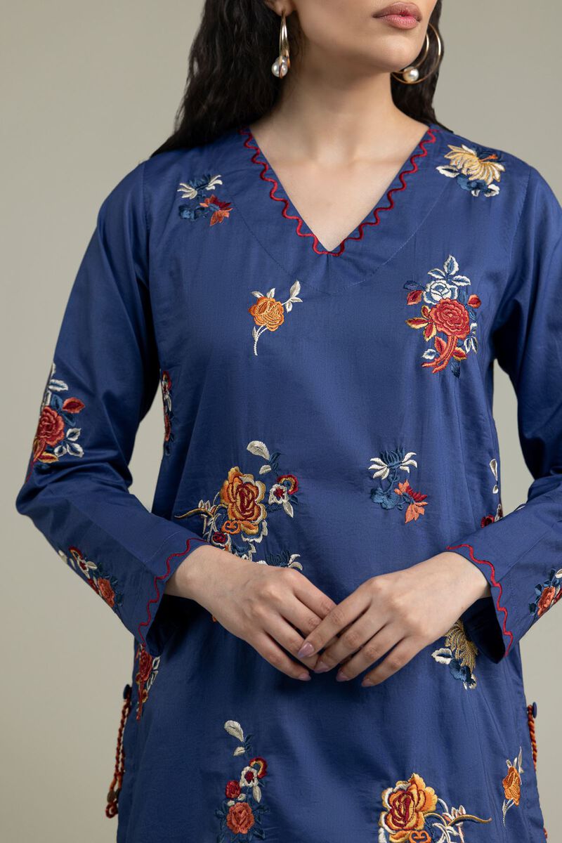 Embroidered | Cambric | Blue V-Neck Kurta | USD 40.00