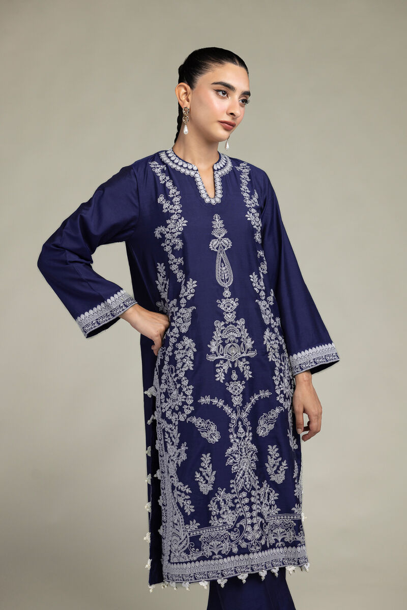 Raw Silk | Navy Floral Kurta | USD 75.00