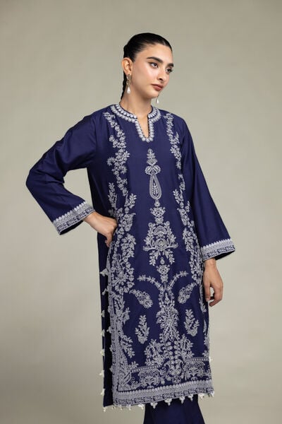 Raw Silk | Navy Floral Kurta | USD 75.00