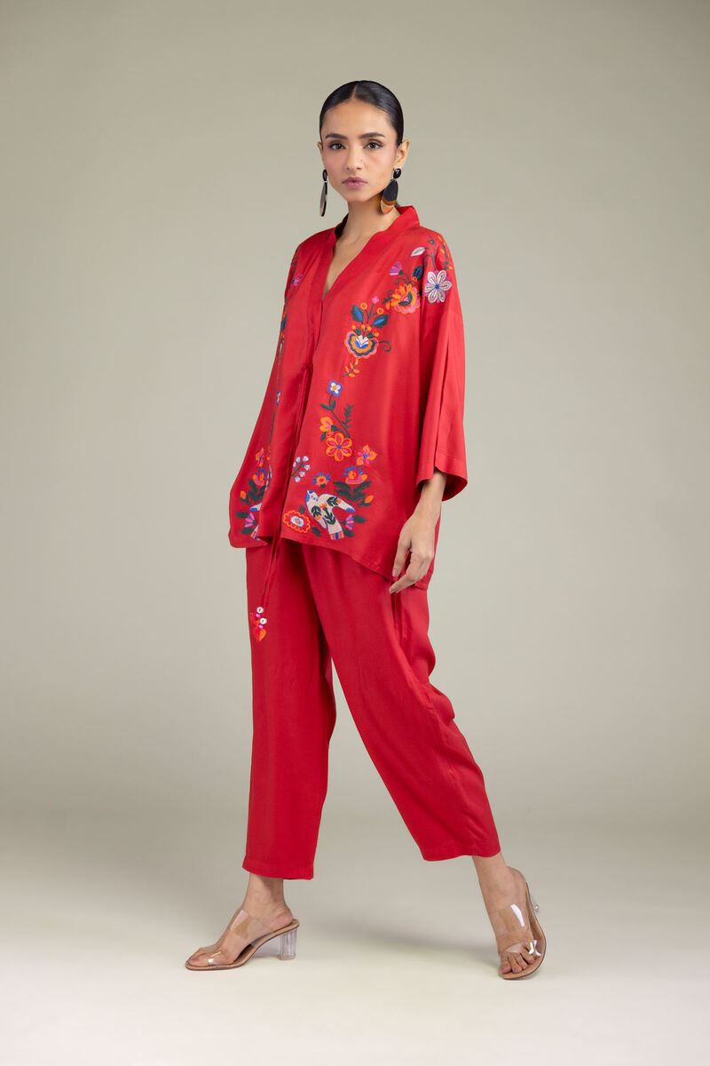Embroidered | Viscose Crepe | Red Viscose Trousers | null