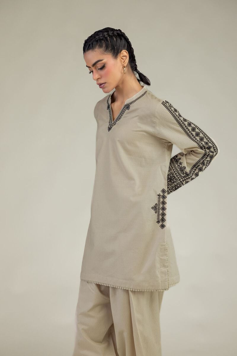 Embroidered | Cotton Dobby | Beige V-Neck Kurta | USD 45.00