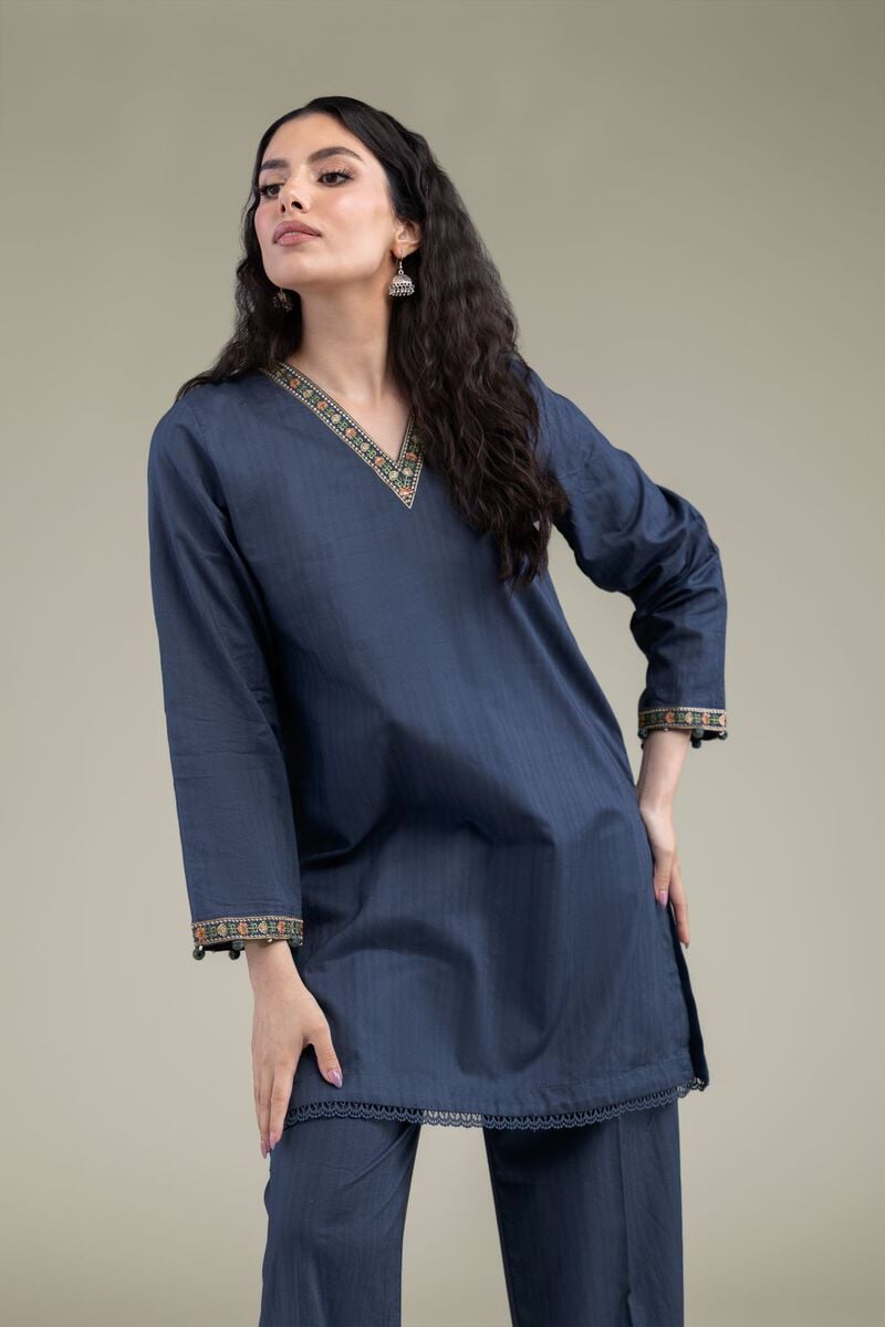 Embroidered | Cotton Dobby | Navy V-Neck Kurta | USD 35.00