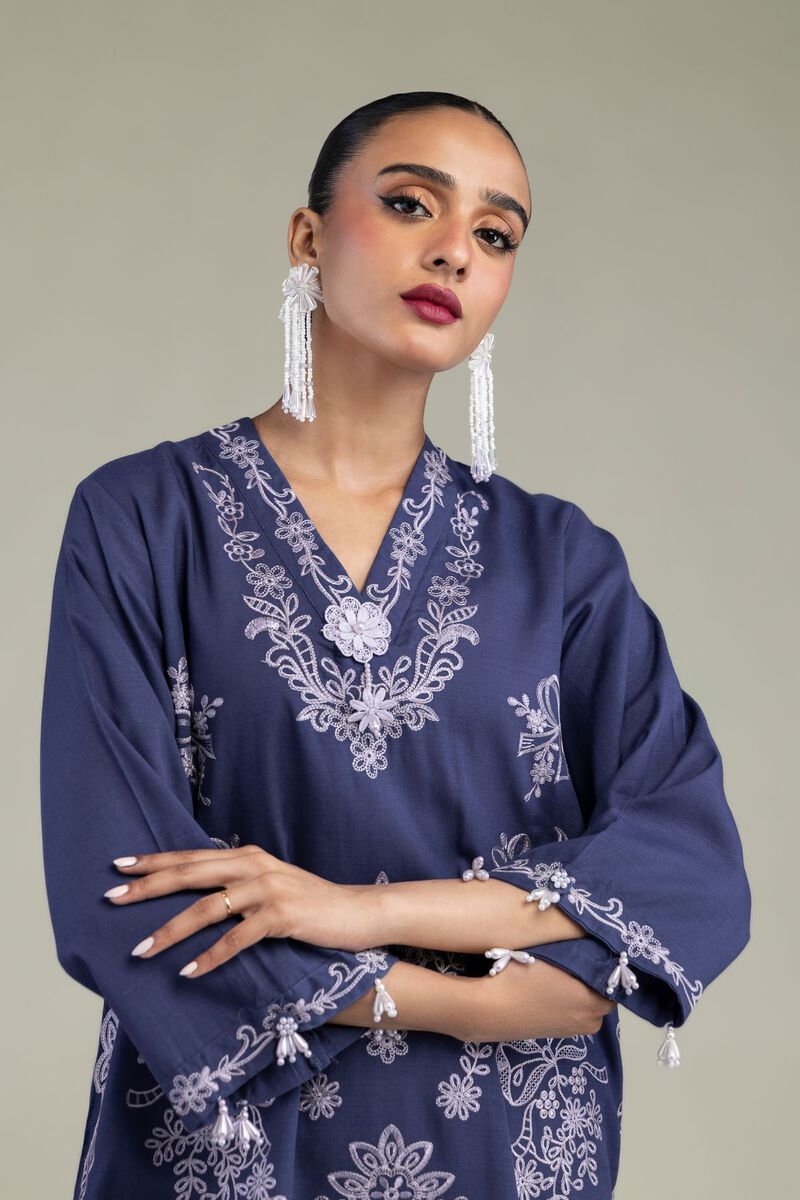 Embroidered | Raw Silk | Floral V-Neck Kurta | USD 55.00