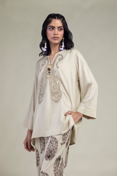 Embroidered | Viscose Crepe | Short V-Neck Tunic | USD 45.00