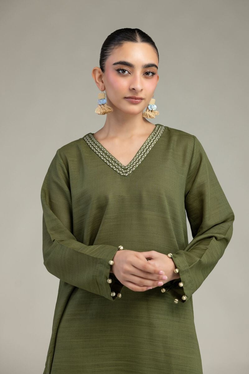 Dyed | Textured Cotton | Olive V-Neck Kurta | USD 35.00