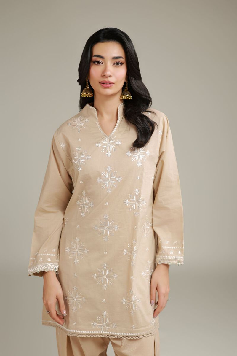 Embroidered | Cambric | Short Beige Kurta | USD 40.00