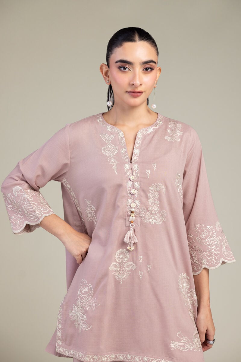 Embroidered | Raw Silk | V-Neck Pink Kurta | USD 55.00