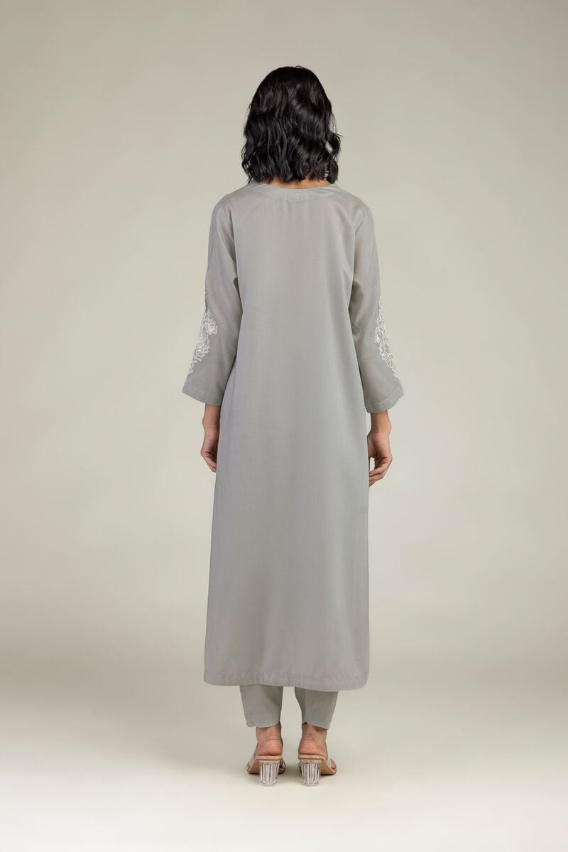 Embroidered | Lyocell | Gray Longline Kurta | USD 40.00