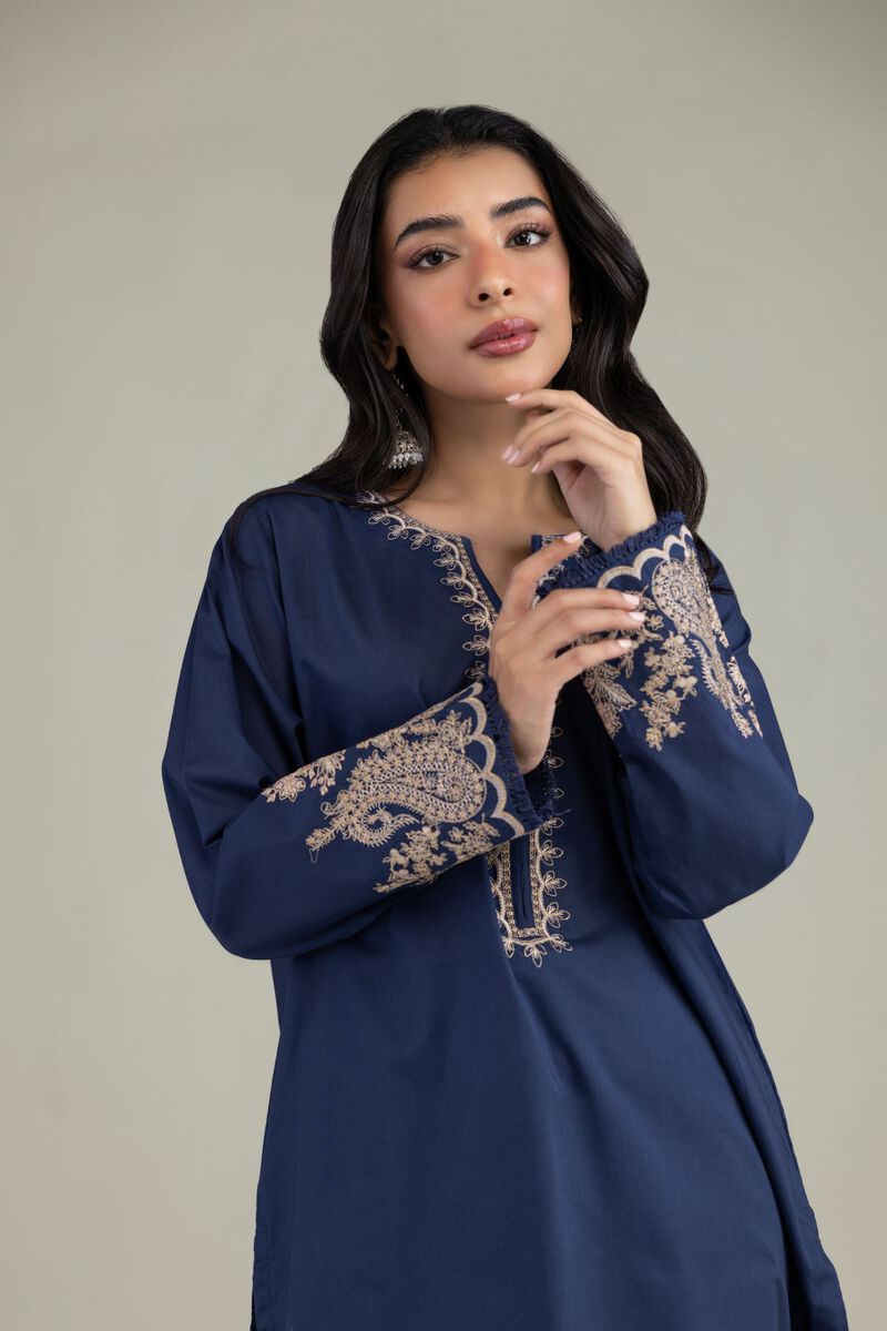 Embroidered | Cambric | Navy V-Neck Kurta | USD 35.00