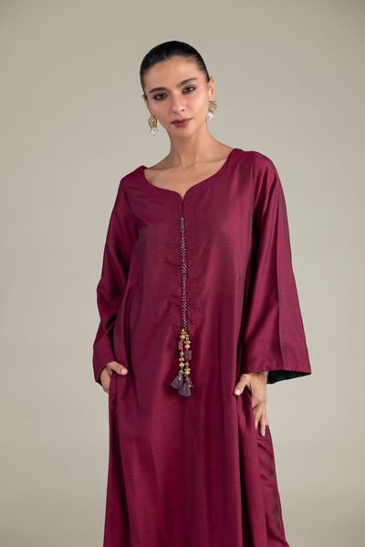 Dyed | Textured Raw Silk | Maroon Longline Kurta | USD 40.00