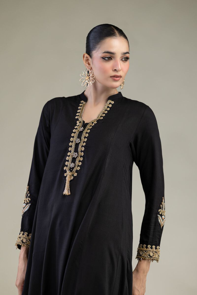 Embroidered | Raw Silk | Black Longline Kurta | USD 60.00