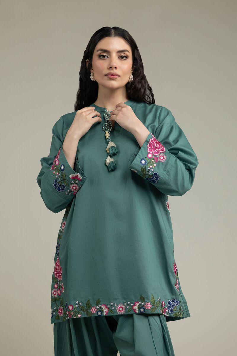 Embroidered | Cambric | Teal Floral Kurta | USD 40.00