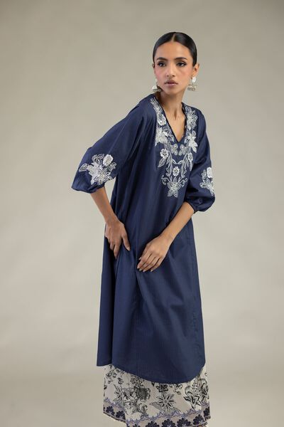 Embroidered | Cotton Dobby | Floral V-Neck Kurta | USD 45.00