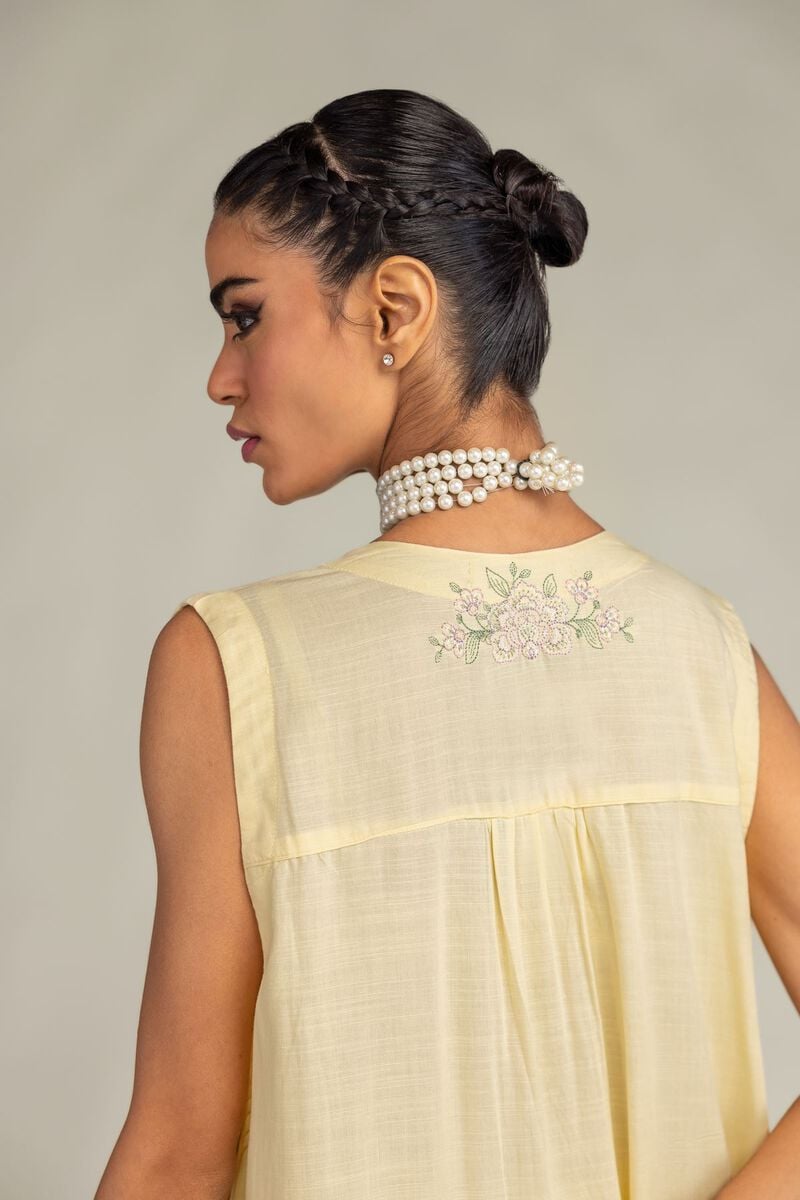 Embroidered | Raw Silk | Yellow Sleeveless Kurta | USD 55.00