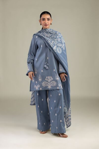 Textured Cotton | Embroidered | Blue Embroidered Pants | USD 35.00
