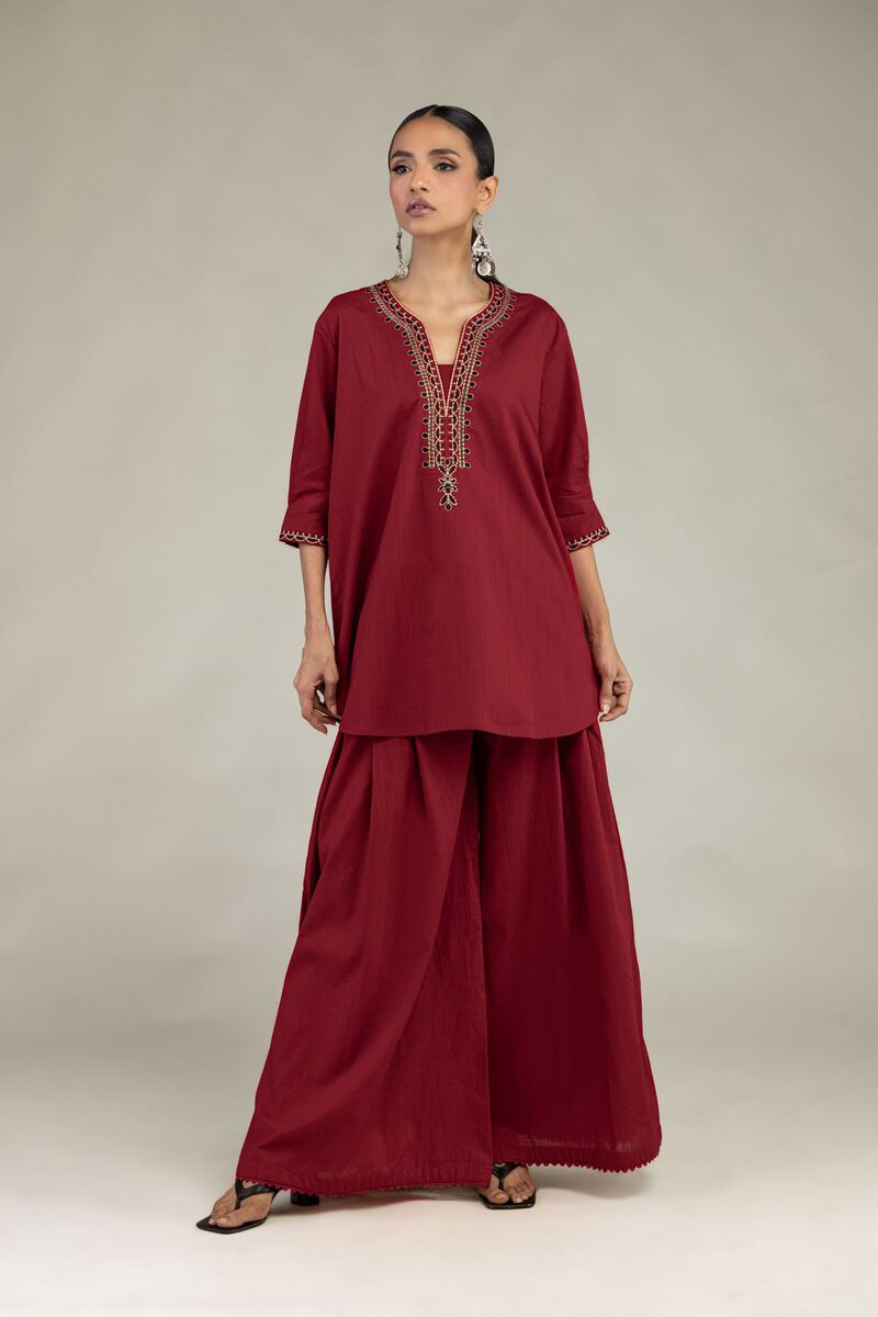 Textured Cotton | Embroidered | V-Neck Cotton Kurta | USD 35.00
