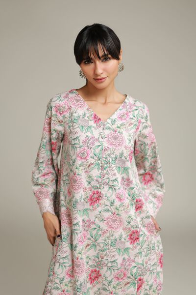 Embroidered | Cotton Dobby | Floral Longline Kurta | USD 30.00