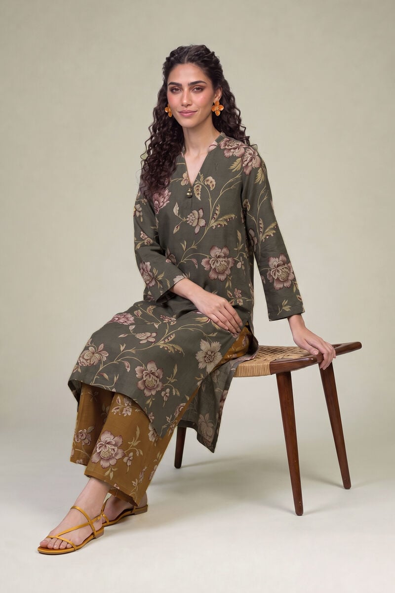 Printed | Light Khaddar | Floral Longline Kurta | USD 35.00