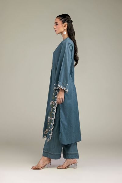 Embroidered | Textured Cotton | Blue Cotton Pants | USD 30.00