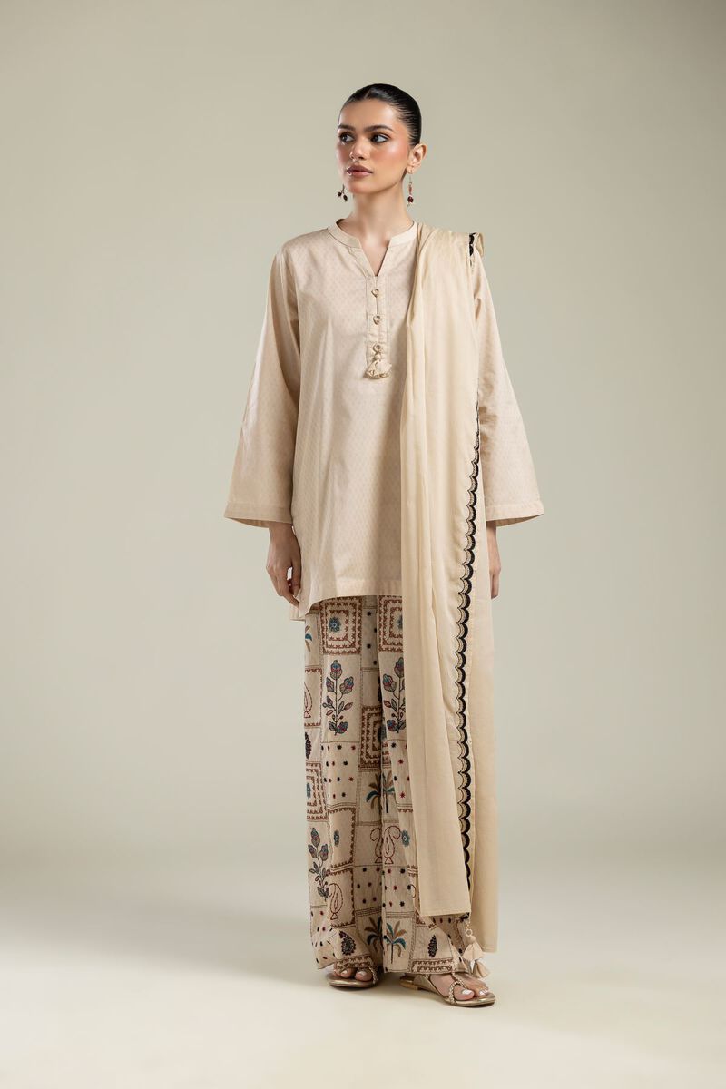 Embroidered |Cotton Dobby | Beige Cotton Pants | USD 40.00