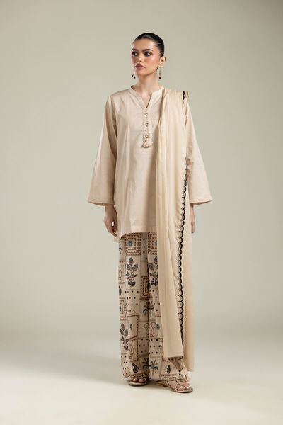Embroidered |Cotton Dobby | Beige Cotton Pants | USD 40.00