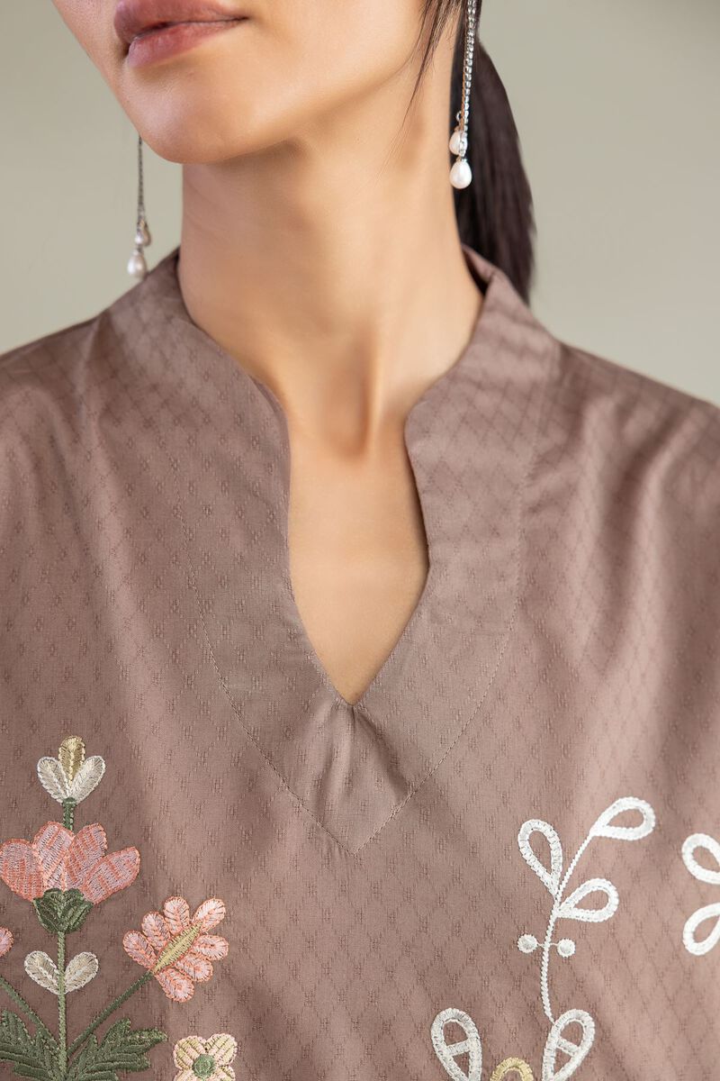 Embroidered | Cotton Dobby | Brown V-Neck Kurta | USD 45.00