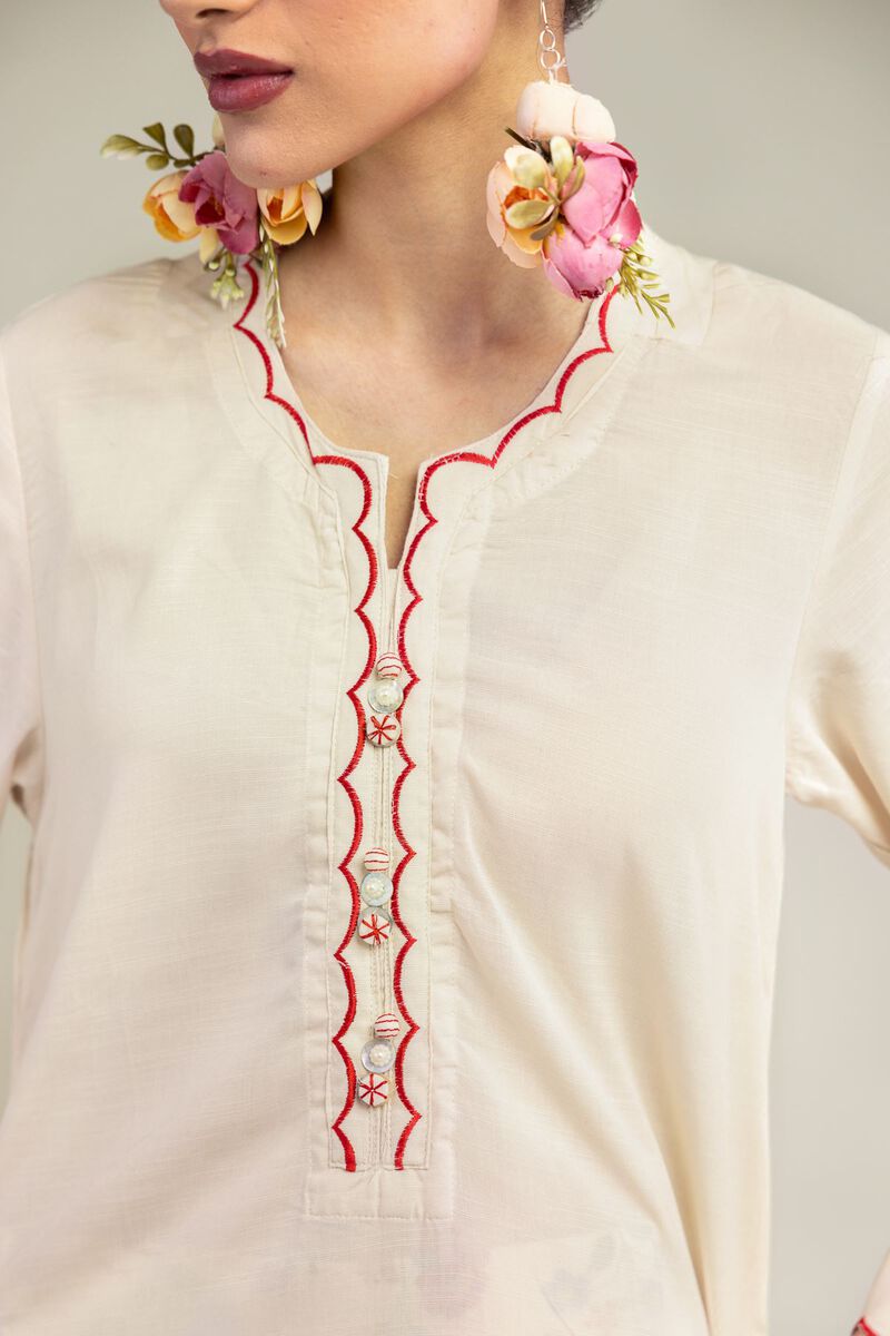 Embroidered | Raw Silk | Floral Scalloped Kurta | USD 45.00