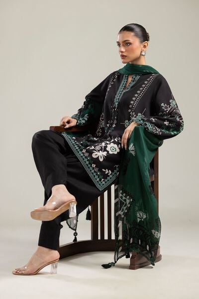 Embroidered | Raw Silk | Black V-Neck Kurta | USD 45.00