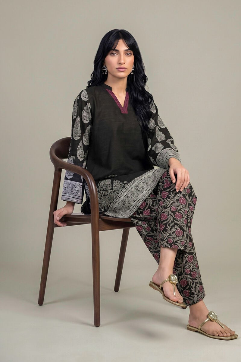 Printed | Light Khaddar | Black V-Neck Kurta | USD 45.00